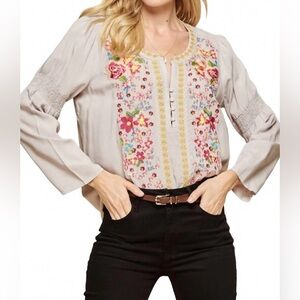 ANDREE BY UNIT Ocho Rios Floral Embroidered Gray Tunic w Smocking & Hi-lo Hem